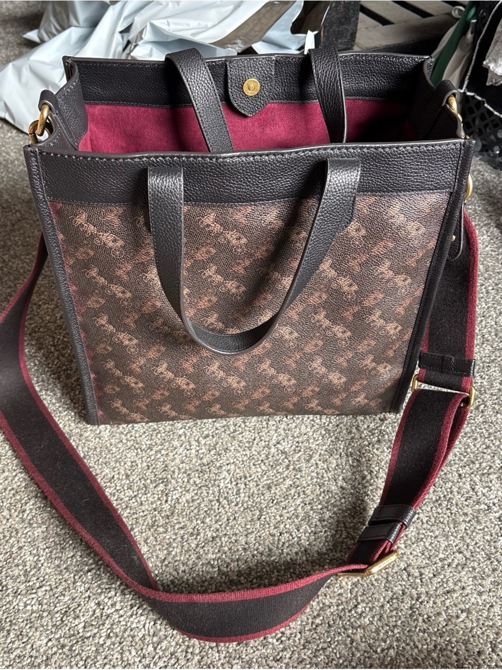 Coach Brown Monogram Crossbody Tote with Burgundy Trim